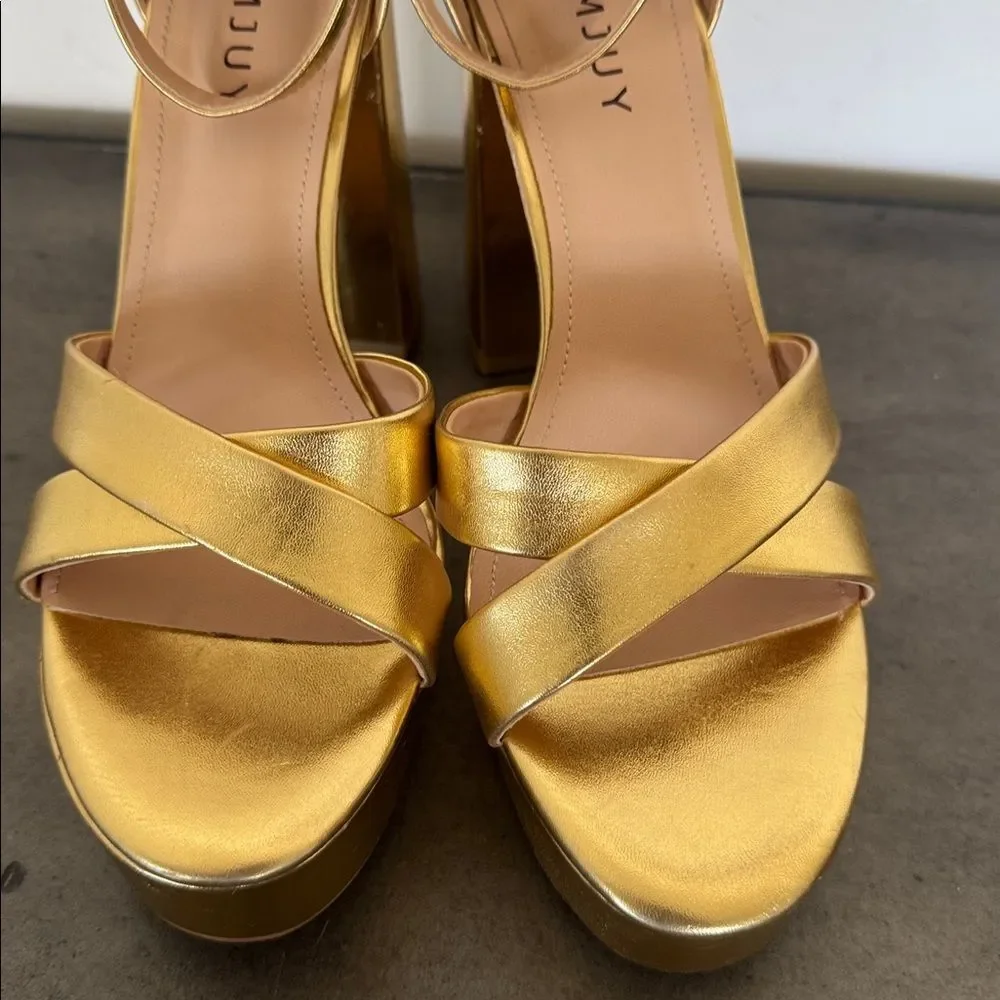 COMJUY Gold Metallic Platform Block High Heel Sandals Peep Toe Women's Size 8